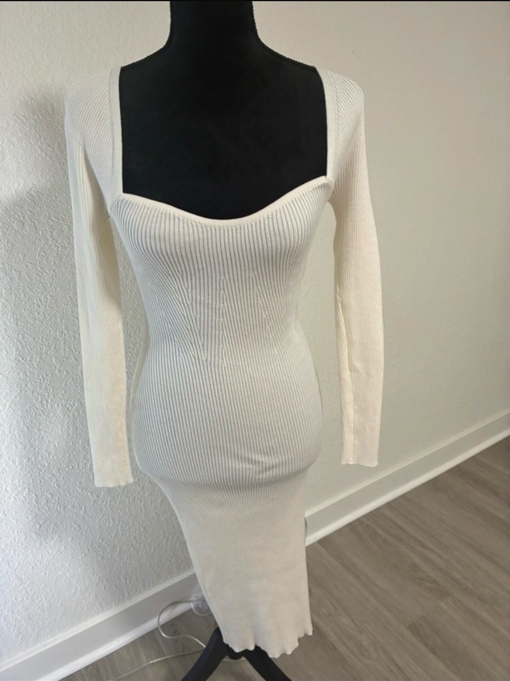 Ribbed Square-Neck Midi Dress in Ivory